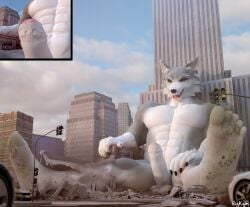 2025 3d_(artwork) anthro balls bigkami building canid canine canis car city city_destruction close_up_panel destruction digital_media_(artwork) dirty dirty_feet feet foreskin foreskin_play genitals hi_res macro male mammal micro muscular muscular_male penis rampage relaxing sitting solo teeth tongue vehicle wolf