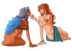 2d 2girls arabian arabian_female artist_name ass belly_chain blue_hair blue_hair_female blush color colored convenient_censoring eye_contact female freckles globoxu hand_under_chin intimate long_hair nami_(one_piece) nefertari_vivi one_piece orange_hair orange_hair_female romantic sarong white_background yuri