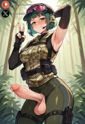 1futa ai_generated balls big_penis blush clothing cock dickgirl ela_(rainbow_six) futa_only futanari green_eyes green_hair huge_cock indoors light-skinned_futanari light_skin looking_at_viewer military military_uniform penis precum rainbow_six_siege roxygtf short_hair smug solo standing sweat sweating sweaty_body