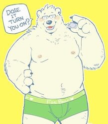 bear boxer_briefs clothing condom english_text eyewear garouzuki glasses green_underwear male_only mammal simple_background text underwear yellow_background