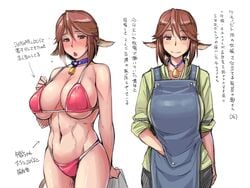 1girls abs animal_ears animal_tail apron bare_shoulders bikini blush breasts brown_eyes brown_hair cleavage cow_ears cow_girl cow_tail cowbell female female_only huge_breasts japanese_text large_breasts midriff navel rozen_maiden shirt smile souseiseki tail text translated tsuda_nanafushi