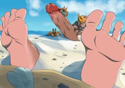 1boy abs beach big_cock buried buried_in_sand crab cum dark-skinned_male dark_skin feet fire_emblem fire_emblem_heroes foot_fetish helbindi_(fire_emblem) human itachifeet long_toes male_feet male_foot_fetish nintendo nipple sand seashell sky solo_male toes veiny_penis