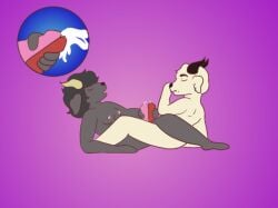 anthro black_body bodily_fluids boppidafterdark bovid caprine close-up closed_eyes cum cumshot digital_media_(artwork) duo ear_piercing ejaculation facial_piercing female frottage futanari genital_fluids goat horns intersex intersex/intersex jackie_(nitw) looking_pleasured mammal night_in_the_woods open_mouth orgasm penile penis penises_touching piercing precum purple_background rose_(rosethegoat) sex simple_background simultaneous_orgasms white_body