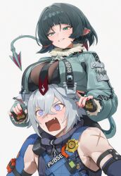 1boy 1girls @_@ anngurich blush blush_lines breasts breasts_on_head cat_boy cat_ears catboy female gayuchi jane_doe_(zenless_zone_zero) light-skinned_female light-skinned_male light_skin male police policeman rat rat_ears rat_girl rat_tail seth_lowell short_hair short_hair_female short_hair_male white_hair white_hair_male zenless_zone_zero