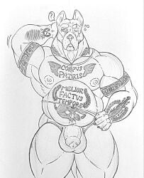 anthro balls big_balls big_penis bulge cane_corso canid canine canis clothing cropped_ears detailed_bulge domestic_dog foreskin genitals hi_res latin_text male mammal mastiff mature_male molosser monochrome musclegut muscular muscular_male nipple_outline one_eye_closed penis question_mark roman scipio shirt skianous solo spqr tattoo text text_on_clothing text_on_shirt text_on_topwear tight_clothing tired topwear