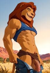 abs ai_generated anthro anthro_male balls biceps big_balls big_penis blush furry gay lion loincloth looking_at_viewer male male_only mane mufasa muscular muscular_male nipples nude_male open_mouth pants_down pecs penis red_eyes safari smile tank_top the_lion_king toned_body toned_male twall97