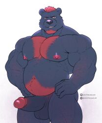 5:6 absurd_res anthro arm_hair artist_name balls belly_hair black_nose blue_balls blue_body blue_fur blue_penis body_hair chest_hair erection facial_hair foreskin front_view fur genitals glistening glistening_eyes goatee grin hair hand_on_hip hi_res humanoid_genitalia humanoid_penis johnthelewd_art looking_at_viewer male male_anthro markings muscular muscular_anthro muscular_male narrowed_eyes nude overweight overweight_anthro overweight_male patreon patreon_logo penis portrait red_eyes red_hair red_markings short_hair simple_background smile solo standing text three-quarter_portrait uncircumcised white_background x_logo