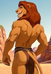 ai_generated anthro anthro_male back biceps blush furry gay lion loincloth looking_at_viewer looking_back male male_only mane mufasa muscular muscular_male nude_male red_eyes safari smile the_lion_king toned_body toned_male twall97