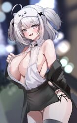 1girls :d absurdres areola_slip azur_lane black_skirt breasts cleavage commentary_request eye_mask female gradient_hair grey_eyes highres katsushika_pachi large_breasts looking_at_viewer mask mask_on_head multicolored_hair oerba_yun_fang official_alternate_costume open_mouth panties pantyshot pink_panties shirt sideless_shirt skirt sleep_mask sleeveless sleeveless_shirt smile solo thick_eyebrows thighhighs thighs tongue two_side_up underwear white_shirt z13_(azur_lane) z13_(strategic_date_solution)_(azur_lane)