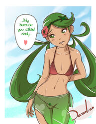 1girls bare_shoulders bikini collarbone dark-skinned_female dark_skin dazol female flower green_eyes green_hair hair_flower hair_ornament heart human long_hair mallow_(pokemon) nintendo pokemon pokemon_sm pubic_hair pussy sarong see-through solo swimsuit text twintails