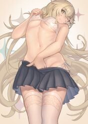 1girls ;) absurdres alternate_breast_size black_skirt blonde_hair bra bra_lift breasts chinese_commentary closed_mouth commentary female hair_between_eyes hand_in_own_panties hand_in_panties highres koufve lifting_own_clothes long_hair looking_at_viewer lying medium_breasts miniskirt navel no_gloves no_shirt no_vest on_back one_eye_closed panties pleated_skirt school_uniform shokuhou_misaki side-tie_panties simple_background skirt smile solo sparkle_background sparkling_eyes spider_web_print summer_uniform thighhighs toaru_kagaku_no_mental_out toaru_kagaku_no_railgun toaru_majutsu_no_index tokiwadai_school_uniform underboob underwear very_long_hair white_bra white_panties white_thighhighs yellow_eyes zettai_ryouiki