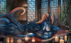 aaros anthro back blue_skin brown_eyes brown_hair burning_candles candles dragon furry horns looking_at_viewer male male_only muscles muscular muscular_male nude smile solo tail wet