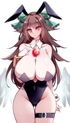 1girls :o big_breasts breasts brown_hair bunny_ears bunnysuit clothed_female female huge_breasts light-skinned_female long_hair raptor7 red_eyes solo solo_female thick_thighs thighs touhou utsuho_reiuji white wings