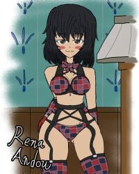 andou_(girls_und_panzer) background bedroom_background black_eyes black_hair bowtie bra ellen_rochefil girls_und_panzer lingerie long_gloves pattern_bow pattern_bra pattern_gloves pattern_stockings pattern_underwear