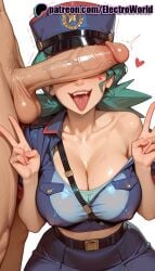 1boy 1girls 2025 ai_generated artist_name balls belt big_breasts big_chest breasts brown_belt bust busty chest cleavage clothed_female_nude_male cock cum denim dick double_v electroworld erection fellatio_gesture female green_hair head_out_of_frame heart hi_res high_quality high_resolution highres large_breasts male officer_jenny_(pokemon) overalls pants patreon patreon_username penis penis_awe penis_on_face pokemon saliva stable_diffusion straight testicles tongue tongue_out trembling uncensored uniform v w watermark