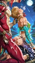 ai_generated anal anal_sex bruise bukkake cum dirty gerudo hand_on_throat link_(breath_of_the_wild) male nipples nipples_visible_through_clothing prince_sidon set sidon torn_clothing water