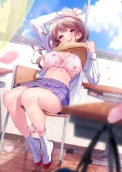 1girls :p absurdres arm_up blouse blurry blurry_foreground blush bra breasts brown_hair chair cherry_blossoms classroom clothes_lift cloud curtains day desk female food_print fruit_print gothicrifuru hair_ribbon highres indoors large_breasts lifting_own_clothes long_hair long_sleeves looking_at_viewer matching_underwear on_chair open_clothes open_shirt original panties panties_around_ankles panty_pull petals pink_bra pink_eyes pink_panties pleated_skirt print_panties purple_skirt red_ribbon ribbon rifuru school_chair school_desk shirt shoes sitting skirt socks solo strawberry_bra strawberry_panties strawberry_print sweater sweater_lift sweater_vest tongue tongue_out underwear uwabaki white_shirt white_socks window