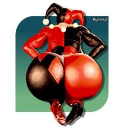 1girl 1girls 3d 3d_(artwork) ass_bigger_than_head ass_focus back_view batman_(series) big_ass blender dc dc_comics female female_focus female_only glitch02 harley_quinn harley_quinn_(classic) ignoring jester jester_hat red_and_black_outfit simple_background solo solo_female thick_ass thick_thighs