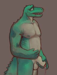 2025 5_fingers absurd_res balls bodily_fluids brown_background crocodile crocodilian fingers genital_fluids genitals green_body green_eyes green_skin hi_res holding_penis leaking_precum male masturbation nipples penis precum reptile scalie sharkinthepark simple_background solo solo_masturbation tail tan_body tan_skin teeth
