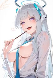 1girls 2d ai_assisted ai_generated blue_archive breasts collared_shirt female grey_hair halo headphones heart holding_object icosilveraiart looking_at_viewer mechanical_halo medium_breasts necktie no_bra noa_(blue_archive) open_clothes open_mouth open_shirt perky_breasts pocky purple_eyes see-through see-through_clothing shirt tongue undone_necktie white_hair