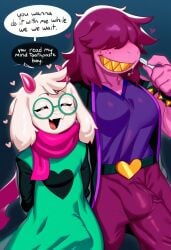 ai_generated anthro big_penis blush bodily_fluids bovid bulge caprine clothed clothing cucumber_king deltarune dialogue duo english_text erection_under_clothing eyewear female freckles fur genital_outline glasses goat green_clothing hair hair_over_eyes heart hellsonger hi_res horn human male mammal open_mouth penis penis_outline purple_hair ralsei reptile scalie scarf sharp_teeth smile susie_(deltarune) teeth text undertale_(series) white_body white_fur