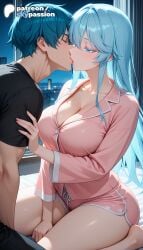 1boy 1girls 2026 ai_assisted ai_generated anime blue_hair boobs breasts bust cleavage elfaria_albis_serfort hi_res high_quality high_resolution highres kiss long_hair patreon patreon_username skypassion stable_diffusion tits tsue_to_tsurugi_no_wistoria watermark wistoria:_wand_and_sword
