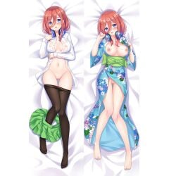 bare_legs barefoot bed_sheet black_pantyhose blue_eyes blue_kimono blush breasts breasts_out brown_hair cherry_blossom_print closed_mouth clothes_pull commentary_request covered_nipples dakimakura_(medium) dress_shirt erspace female floral_print from_above from_below full_body go-toubun_no_hanayome green_sash green_skirt hair_between_eyes head_tilt headphones headphones_around_neck japanese_clothes kimono long_hair looking_at_viewer lying medium_breasts multiple_views nakano_miku navel nipples no_panties no_shoes obi on_back open_mouth pantyhose pantyhose_pull partially_undressed peony_print pleated_skirt print_kimono pussy sakuramon sash school_uniform shirt skirt skirt_around_one_leg smile straight_hair uncensored white_shirt yukata