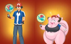 1boy 1girls before_and_after belly big_belly big_breasts big_lips breasts clefairy fangs feet_out_of_frame female gender_transformation hi_res highres human human_to_anthro human_to_pokemon male mtf_transformation one_fang_visible pink_body pokemon pokemon_(anime) pokemon_(species) porygon ripped_clothing satoshi_(pokemon) saturnxart shortstack shortstackification solo_focus species_transformation thick_thighs thighs transformation wide_hips