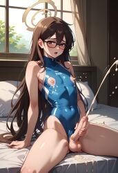 ai_generated bare_chest blush brown_hair circumcised_penis cumming cumshot erect_penis exposed_nipples exposed_penis femboy genderswap_(ftm) glasses_on_face hand_on_penis holding_penis lactation masturbation murokasa_akane sissydavid sitting_on_bed spread_legs swimsuit trap