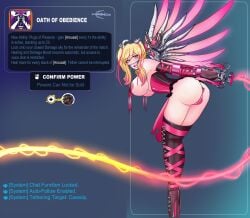 armbinder arms_behind_back ballet_boots ballet_heels blonde blonde_hair blue_eyes bondage bound bound_arms dildo_in_pussy english_text female femsub gagged gameplay_mechanics hair high_heels laveellan mercy overwatch overwatch_2 pussy sex_toy text very_high_heels