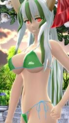 1girls 2023 3d afternoon bikini breasts cleavage clouds female flowers garden green_bikini hati_yukkuri_mmd hips horns jpeg keine_kamishirasawa light-skinned_female long_hair_female midriff mmd multicolored_hair navel open_mouth red_eyes_female red_ribbon side_view sky solo_female swimsuit touhou trees uncanny_valley waist youkai