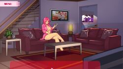 barefoot blue_eyes bottomless breasts chair cleavage couch crossed_legs female indoors jasmine_(milftoon_grounded) lamp large_breasts long_hair looking_at_viewer medium_breasts milf milftoon milftoon_grounded navel no_bra no_panties open_clothes open_shirt phone pillow pink_hair plant potted_plant shirt sitting smile solo stairs table