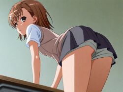 1girls 2020s 2025 adolescent against_desk ai_generated ass ass_focus bare_thighs big_ass brown_eyes brown_hair female from_behind gradient_background hair_flower hair_ornament leaning_forward looking_at_viewer looking_back matching_hair/eyes miniskirt misaka_mikoto parted_lips school_desk school_uniform schoolgirl short_hair shorts shorts_under_skirt simple_background solo standing student summer_uniform teenage_ass teenage_girl teenager thick_thighs to_aru_kagaku_no_railgun to_aru_majutsu_no_index tokiwadai_school_uniform wide_hips young young_female