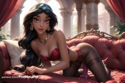 1girls ai_generated aladdin aladdin_(1992_disney_film) all_fours artist_name bare_shoulders black_hair black_pantyhose bra breasts brown_eyes cleavage collarbone couch dark-skinned_female dark_skin dildo dildo_in_pussy dildo_insertion earrings female flower hairband hi_res high_heels hoop_earrings indoors jewelry lingerie lips long_hair looking_at_viewer medium_breasts mole mole_under_eye multi-tied_hair nail_polish necklace object_insertion panties pantyhose parted_lips patreon_username petals pillow princess_jasmine progenarts pussy red_bra red_footwear red_lips red_panties rose sex_toy solo strapless underwear vaginal_insertion vaginal_masturbation vaginal_penetration web_address