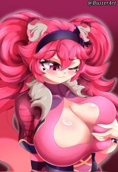 1girls :3 animal_ears bat_hair_ornament black_bracelet black_hairband blush blush_lines bracelet breasts buster-art closed_mouth clothed curvy curvy_female curvy_figure female female_only grabbing grabbing_breasts grabbing_own_breast grabbing_tits gradient_background hair_between_eyes hairband half_body heart heart_symbol heart_tattoo hispanic_virtual_youtuber huge_breasts jacket kemonomimi latam_virtual_youtuber light-skinned_female light_skin long_hair looking_down lunaria_ayaren one_eye_closed pink_background pink_ears pink_eyes pink_hair pink_jacket short_sleeves side_view simple_background smile smiley_face solo spiked_bracelet twitch.tv view_from_the_side virtual_youtuber vtuber vtuberfanart
