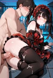 1boy 1girls ai ai_generated anime anime_style blush chiriai choker clenched_teeth cum_in_pussy cum_on_leg cum_on_legs cum_on_penis cum_overflow cum_pool date_a_live detatched_sleeves dress female frilled_choker frilled_dress frilled_sleeves frills headwear heterochromia high_resolution highres in_heat large_penis legs legs_together male nude_male on_side patreon patreon_username penis pussy red_dress sleeveless_dress spooning spooning_position surprised sweat sweating thick_thighs thighhighs thighs tokisaki_kurumi twintails vaginal_penetration wide_eyed wide_hips