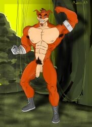 absurd_res activision anthro armpit_hair balls bandicoot biceps big_balls body_hair boots clothing crash_(series) crunch_bandicoot cybernetic_arm cybernetic_limb facial_hair footwear foreskin forest forest_background fur genitals hi_res humanoid_genitalia humanoid_penis long_penis machki12_ka male mammal marsupial muscular muscular_male nature nature_background penis plant pube_peek pubes red_body red_fur shoes smiley_face solo tree uncircumcised