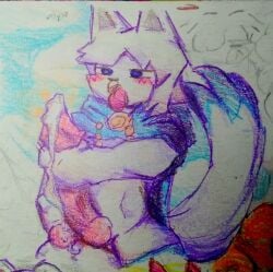 animal_genitalia animal_penis anthro arctic_wolf balls big_balls big_penis blush bodily_fluids canid canine canine_genitalia canine_penis canis clothing cum day ejaculation erection excessive_cum excessive_genital_fluids fur genital_fluids genitals hair half_naked hi_res himmel_(yoshreveluv) huge_balls huge_cock hyper hyper_genitalia hyper_penis male male/male mammal muscular open_mouth orgasm outside penile penis simple_background sky solo tail tongue tongue_out topwear traditional_media_(artwork) white_body white_fur wolf yoshreveluv