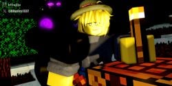 1boy 1boy1girl 3d 3d_(artwork) 3d_render big_breasts black_body black_hair breasts camping enderwoman eyes female ktiiejiju_(artist) male minecraft nipples pickaxe pose purple_eyes purple_nipples roblox roblox_avatar robloxian scared torch watermark yellow_body yellow_hair