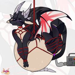 ambershark anthro belly big_belly black_body bondage bound dragon embarrassed fur furred_dragon furred_scalie genitals hi_res huge_belly hyper hyper_belly imperial_japanese_flag inflation jiekyu_ryuushinzou liquid_inflation male mythological_creature mythological_scalie mythology penis pump purple_eyes purple_penis questionable_consent scalie solo suspension suspension_bondage tan_belly tan_chest