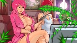1boy billy_(milftoon_grounded) blue_eyes blurry blurry_foreground breasts cellphone cleavage controller couch covered_nipples crossed_legs depth_of_field female full_moon holding holding_phone indoors jasmine_(milftoon_grounded) large_breasts lips long_hair makeup male milf milftoon milftoon_grounded moon multiple_girls navel night no_bra open_clothes open_robe open_shirt phone pillow pink_hair plant potted_plant red_hair remote_control robe shirt short_hair sitting star_(sky) straight tank_top television thigh_strap thighs window