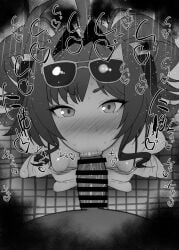 1boy 1girls :>= ahoge big_penis black_and_white blue_archive blush breasts censored dark-skinned_male dark_skin detailed_background drooling eyelashes fellatio female gehenna_academy_student heart hot_springs_department_(blue_archive) human indoor inside kasumi_(blue_archive) kurotama looking_at_viewer male male_pov oral oral_sex penis room saliva shiny shiny_skin short_hair sketch small_breasts sound_effects squatting sunglasses sunglasses_on_head sweat text vein veins veiny veiny_penis