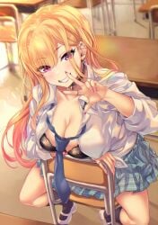 1girls absurdres barbell_piercing black_bra black_choker black_socks blonde_hair blue_skirt blurry blurry_background bow bow_bra bra breasts choker classroom cleavage collared_shirt colored_tips commentary_request earrings female grin gyaru highres indoors jewelry kitagawa_marin lace lace_bra large_breasts long_hair multicolored_hair necktie open_clothes open_shirt piercing plaid_clothes plaid_skirt pleated_skirt red_eyes red_hair school_uniform shashaki shirt shoes sitting sitting_backwards skirt smile socks solo sono_bisque_doll_wa_koi_wo_suru textless_version tied_shirt underwear uwabaki white_shirt white_shoes