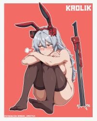 1girls anger_vein annoyed annoyed_expression ass blush bottomless breasts bronzeerectile buronjin convenient_censoring crossed_arms fake_animal_ears female female_only functionally_nude girls'_frontline girls'_frontline_2:_exilium grey_body hairband krolik krolik_(girls'_frontline_2) long_hair pinup rabbit_ears red_eyes sideboob sitting soles sweatdrop sword text thighhighs thighhighs_only topless