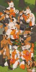 1:2 anal anal_sex animal_genitalia animal_penis anthro arm_tattoo arm_tuft armlet_(marking) balls balls_tuft belly_tuft black_pawpads bodily_fluids brown_hair canid canine canine_genitalia canine_penis chest_tuft claws clothing cum cumshot dipstick_ears dipstick_tail drinking drinking_urine duo ear_markings ear_piercing ejaculation elbow_tuft eye_roll facial_hair fingerless_(marking) fingerless_gloves_(marking) foot_tuft fox genital_fluids genitals gloves_(marking) goatee golden_shower green_eyes grey_clothing grey_shirt grey_tank_top grey_topwear hair hands-free heel_tuft hi_res high-angle_view humanoid_genitalia humanoid_penis looking_down lying lyrafops male male/male mammal markings mohawk multicolored_ears narrowed_eyebrows narrowed_eyes navel_tuft nude on_back open_mouth open_smile pawpads peeing peeing_on_balls penetration penile penile_penetration penis penis_in_ass piercing piss_play russell_allen russell_allen_(character) sex sheath shirt signature smile speech_bubble tail tail_markings tank_top tattoo toe_claws topwear tuft urinating urinating_male urination urine urine_drip urine_in_mouth urine_on_balls watersports white_claws