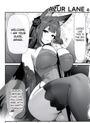 2girls amagi_(azur_lane) amagi_(cv)_(throne_of_fallen_petals)_(azur_lane) animal_ear_fluff animal_ears azur_lane bare_shoulders between_breasts blush breasts cg cleavage comic detached_sleeves dress english_text female flower fox_ears fox_girl fox_tail gloves greyscale hair_flower hair_ornament huge_breasts kitsune kyuubi large_breasts long_hair looking_at_viewer makeup microphone microphone_stand monochrome multiple_girls multiple_tails parted_lips short_hair sitting smile solo speech_bubble tail thighhighs thighs