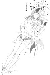 1girl barefoot blue_archive cellphone commentary_request earbuds earphones female_masturbation fingering fingering_through_clothes fingering_through_panties full_body greyscale half-closed_eyes halo heart highres horns kayoko_(blue_archive) long_hair lying masturbation monochrome negiuma on_back parted_lips phone shirt single_wing smartphone solo t-shirt through_clothes wings