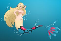 2025 blonde_hair blue_body blue_scales breasts bubble clothing cynthia_(pokemon) female generation_3_pokemon genitals gradient_background hair hand_on_hip hi_res humanoid joyvell looking_at_viewer marine merfolk milotic nintendo nipples nude pokemon pokemon_(species) pokemon_champion scales simple_background solo split_form tan_body underwater vulva
