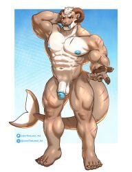 abs absurd_res anthro balls black_sclera blue_glans blue_nipples bovid brown_body brown_pawpads caprine fingerpads fish flaccid front_view full-length_portrait genitals glans hair hand_behind_head hi_res horn hybrid johnthelewd_art looking_at_viewer male mammal marine muscular muscular_anthro muscular_male nipples nude open_mouth open_smile pawpads pecs penis portrait pose shark sheep short_hair smile solo standing white_balls white_body white_eyes white_hair white_penis