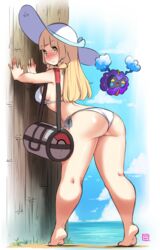 1girls against_wall ass back bag beach bent_over bikini blonde_hair blush bra breasts cosmog day duffel_bag eyelashes feet female gym_bag hat highres human kenron_toqueen leaning_forward lillie_(pokemon) long_hair looking_at_viewer looking_back nebby_(pokemon) ocean outdoors panties pokeball pokemon pokemon_(species) pokemon_sm shoulder_bag side-tie_bikini sideboob soles solo solo_focus spankable sun_hat swimsuit text thick_thighs thighs tree water white_bikini wide_hips